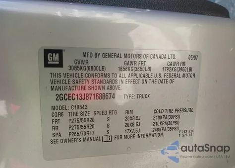 2007 Chevrolet Silverado 1500 Lt1 from USA, damaged, VIN 2GCEC13J871688674